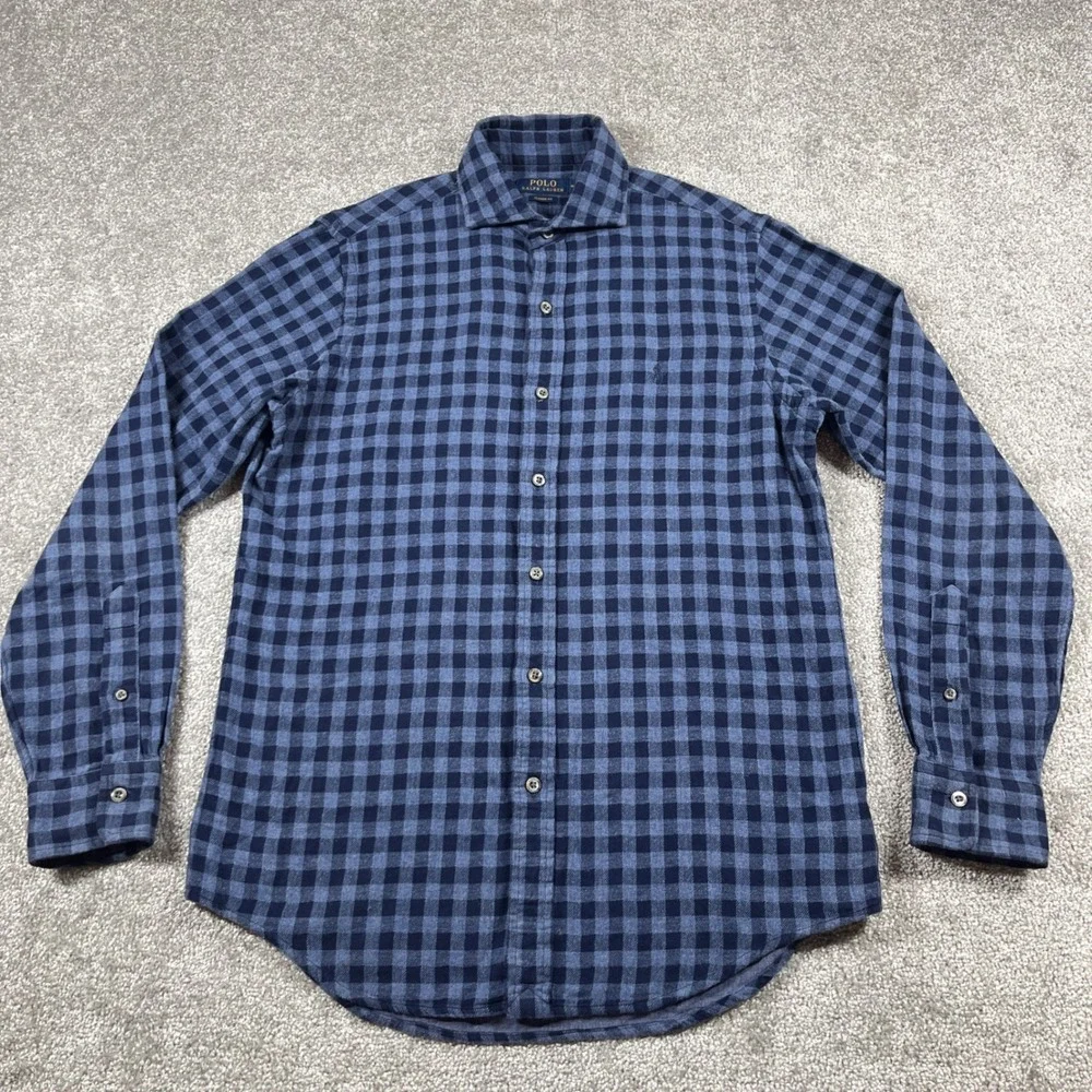 Polo Ralph Lauren Flannel‎ Shirt Mens Medium Buffalo Plaid Lightweight Blue